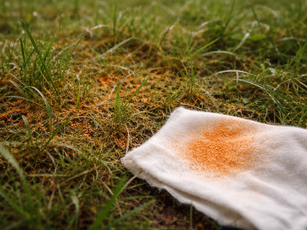 Gros plan d’un gazon rustique avec poussière orangée et un chiffon blanc portant une trace brun-orangé.
