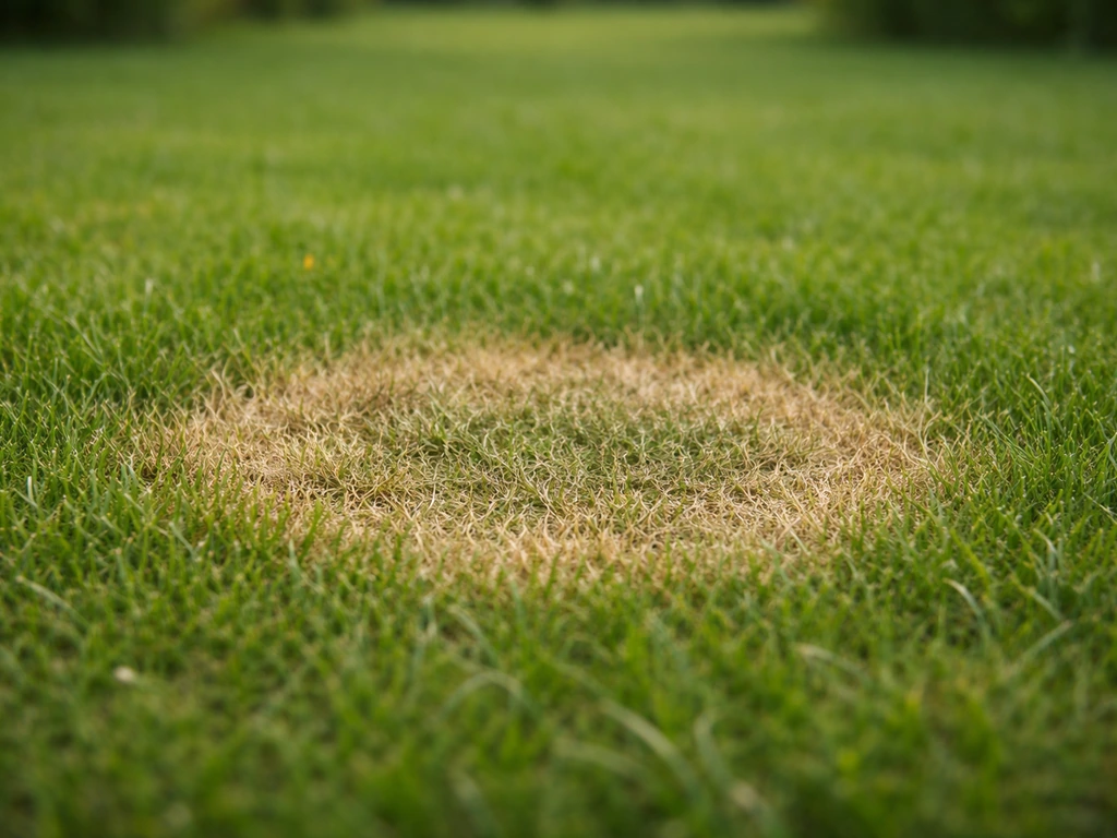 Tache ovale gris-vert flétri au centre d’une pelouse, contraste net avec l’herbe saine autour.