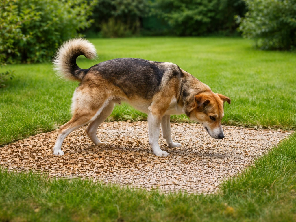 Chien utilisant une zone dédiée gravillonnée dans un jardin, pelouse visible en arrière-plan.
