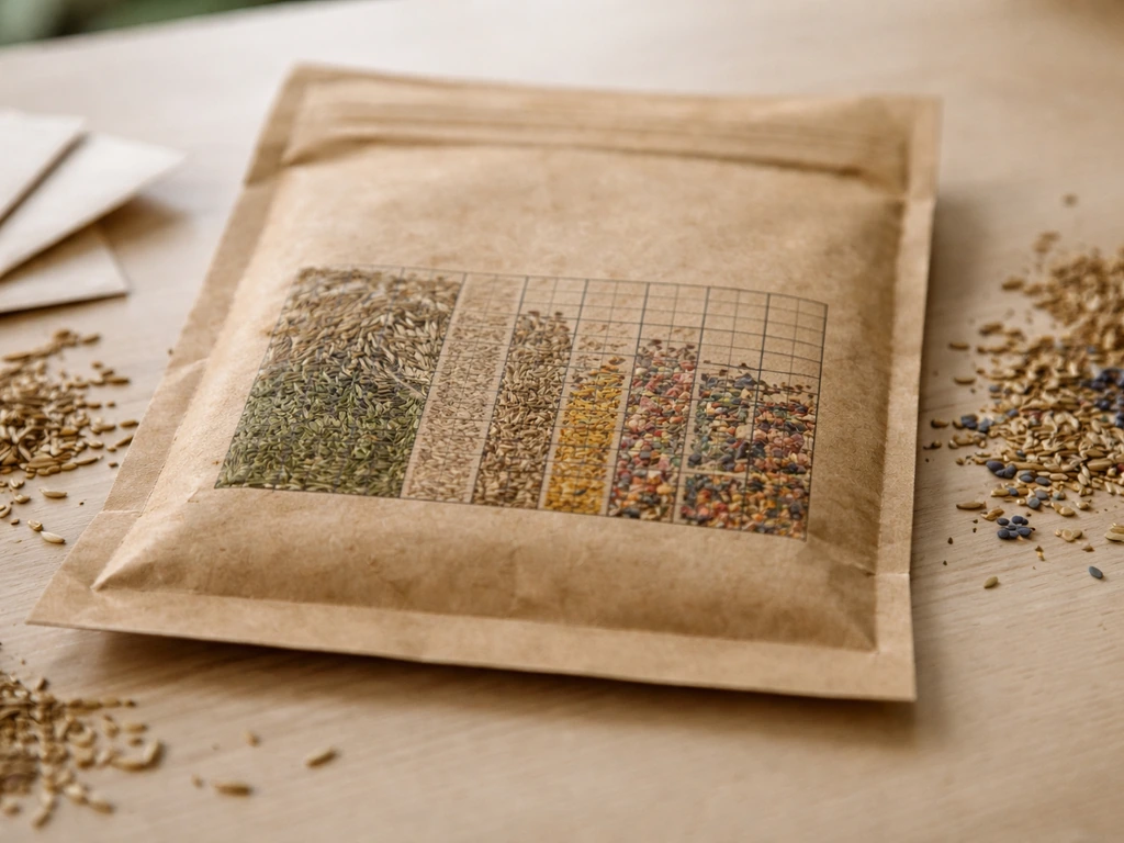 Gros plan sur un sac d’échantillon de graines de gazon fleuri avec proportions visibles pour graminées et fleurs.