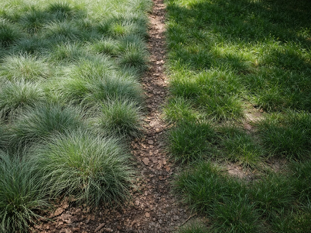 Deux zones de pelouse au jardin : plein soleil avec graminées résistantes et mi-ombre plus verte et dense.