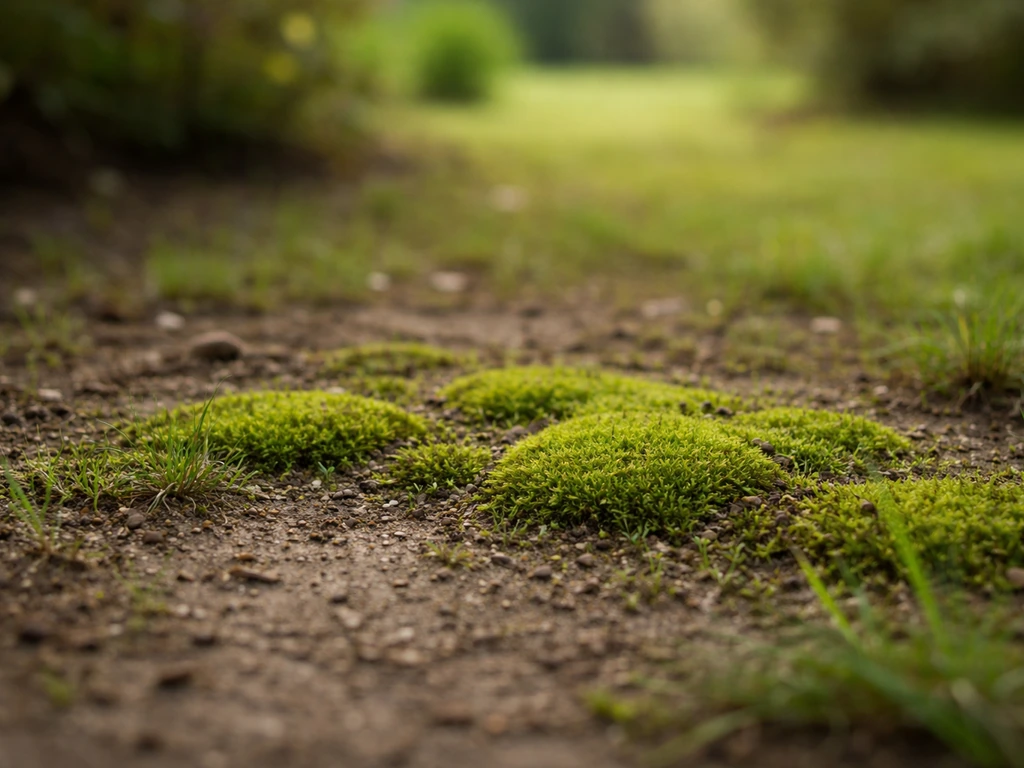 Petit jardin : mousse verte dense sur la terre, sol humide et herbe clairsemée, lumière naturelle.