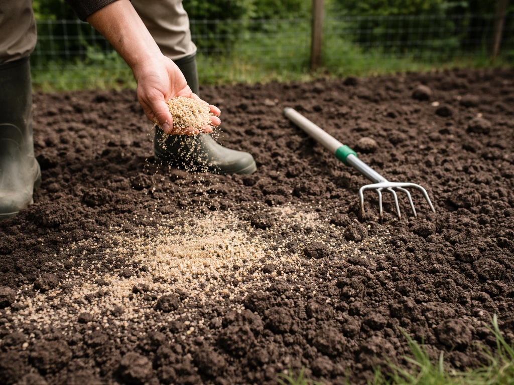 Épandage de sable de rivière grossier sur un sol de jardin aéré, puis mélange en surface avec une griffe