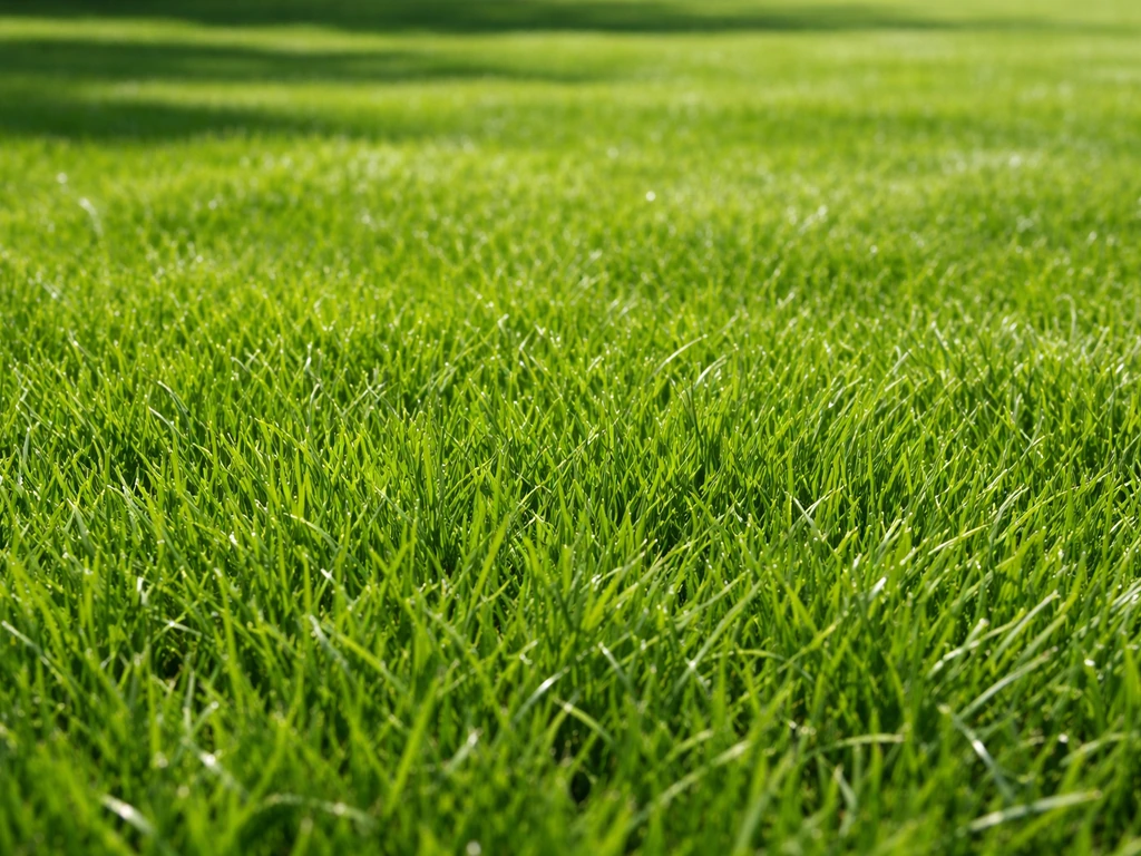 Gazon en plein soleil : vue rapprochée de brins de ray-grass, texture et stratification visibles.