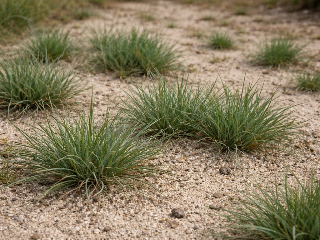 Pelouse de fétuques sur sol sableux drainant, rendu naturel en lumière douce, ambiance sèche méditerranéenne.