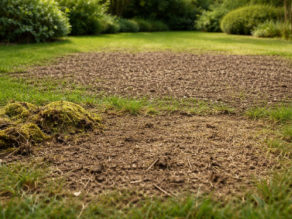 Zone de pelouse dégarnie ratissée, puis portion regarnie avec terre et semis visibles, en jardin.