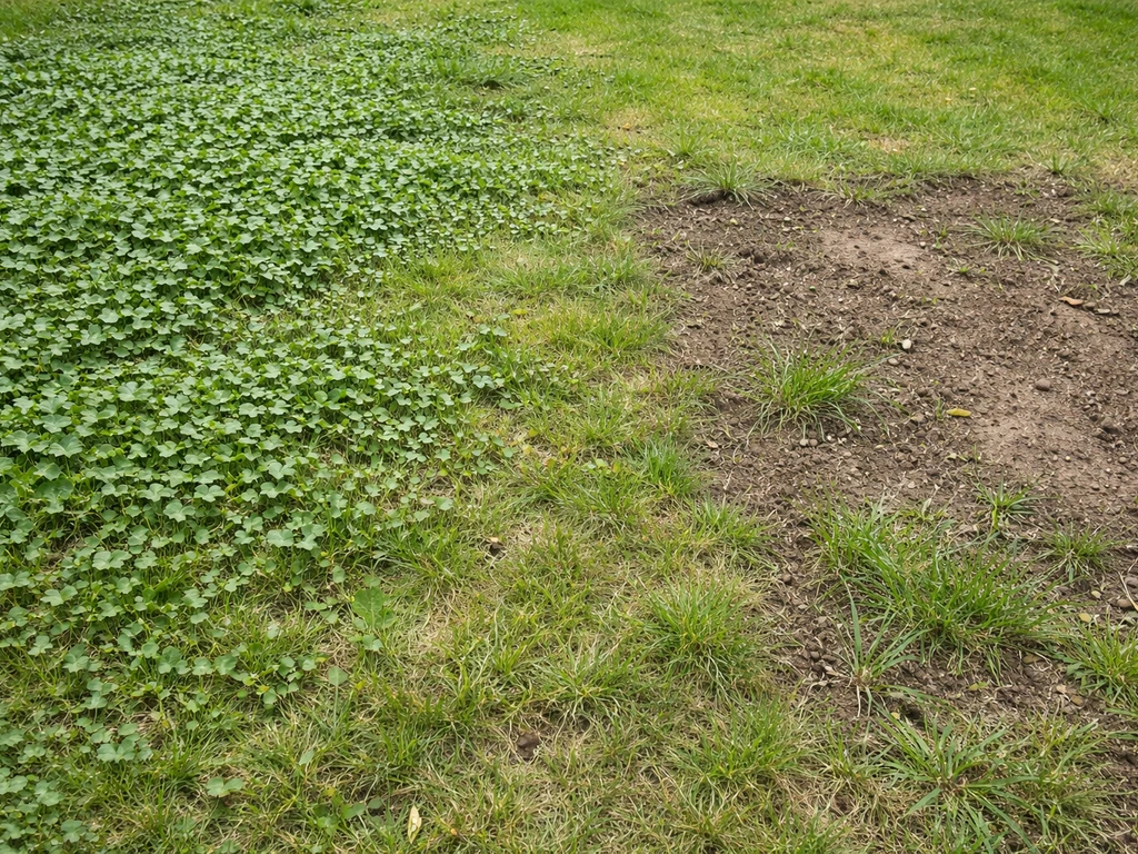 Pelouse avec taches de lierre au ras du sol, une zone partiellement dégagée suggérant l’élimination