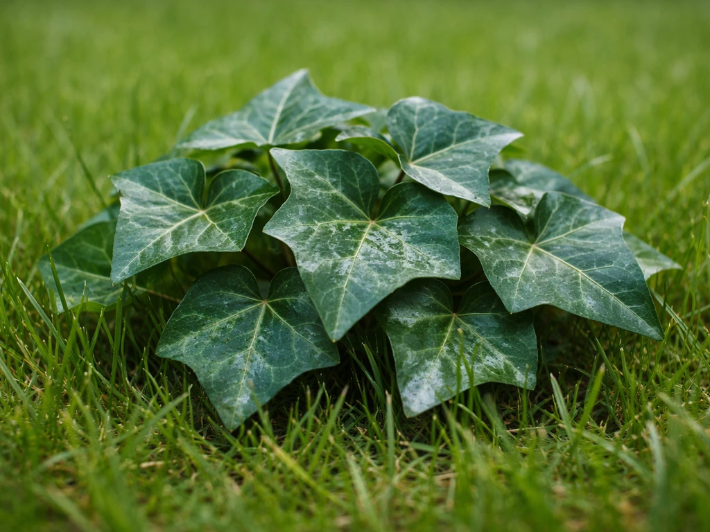 gros plan sur des feuilles de lierre dans une pelouse, aspect cireux et luisant
