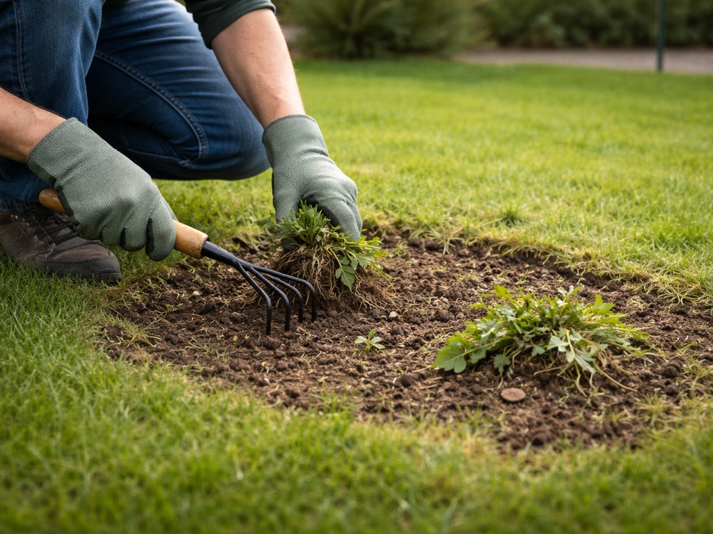 Gazon tondu très court puis arrachage ciblé d’une plante invasive sur une zone délimitée du jardin