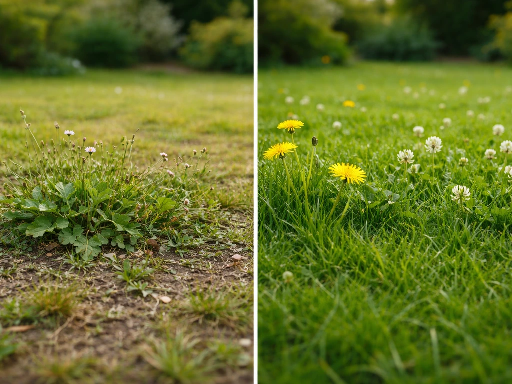 Comparaison au sol entre plantes spontanées et fleurs de pelouse (pissenlit/trèfle) dans un gazon.