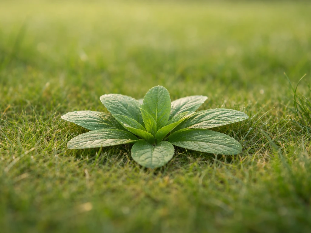 Rosette de feuilles au collet visible dans l’herbe, vue au ras du sol