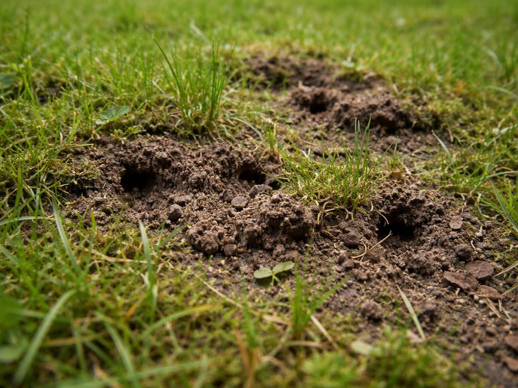 Pelouse avec petites galeries et terre soulevée, indices d’activité biologique du sol sous l’herbe.