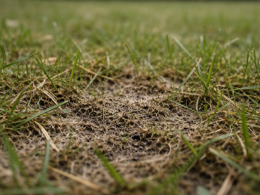 Gazon français vu de près : brins verts et feutre brun-gris spongieux à la base, pelouse en mauvais état.