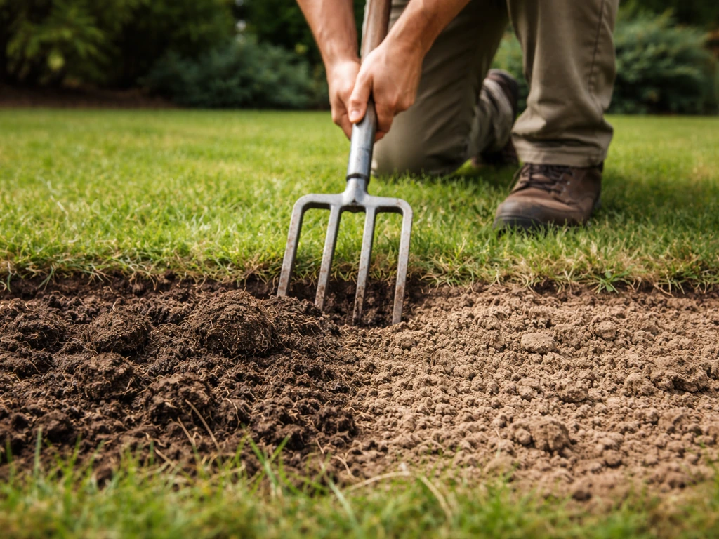 Jardinier enfonçant une fourche dans le sol, montrant un terrain compacté à 10 cm