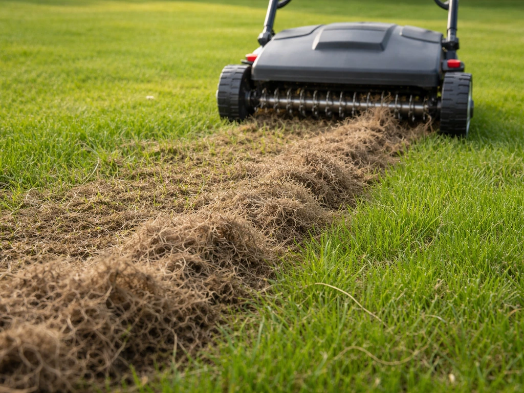 Pelouse au printemps scarifiée : feutre brun soulevé derrière un outil de défeutrage, vue au niveau du sol.