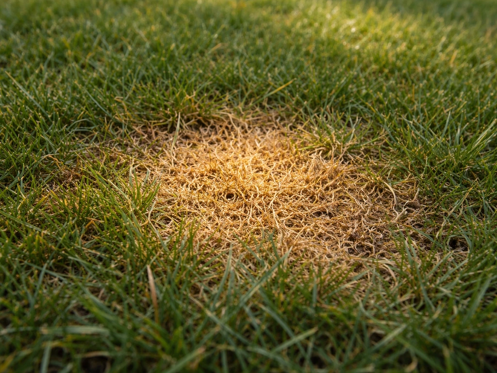 Zone jaune paille à brune sur le gazon, avec herbe sèche autour, illustrant une brûlure par urine.
