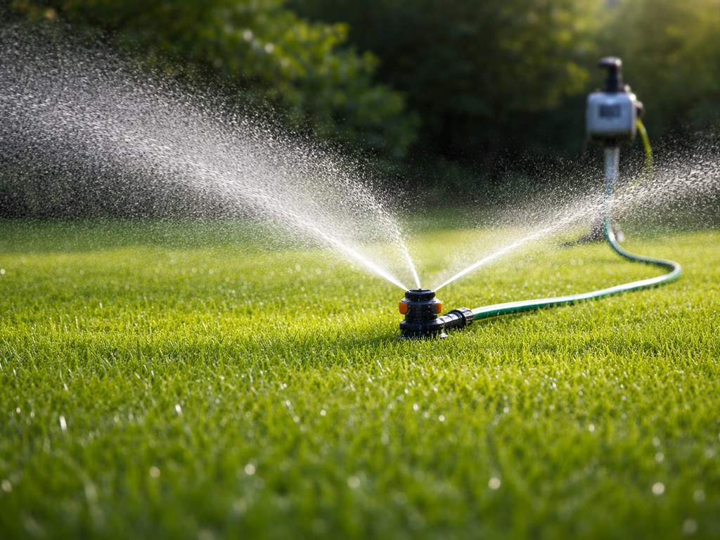 Pelouse arrosée avec une tête d’arrosage rotative et un programmateur discret au sol.