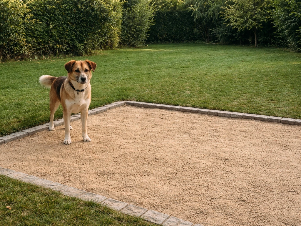 Un chien près d’un coin de jardin avec sable compacté, distinct de la pelouse verte.