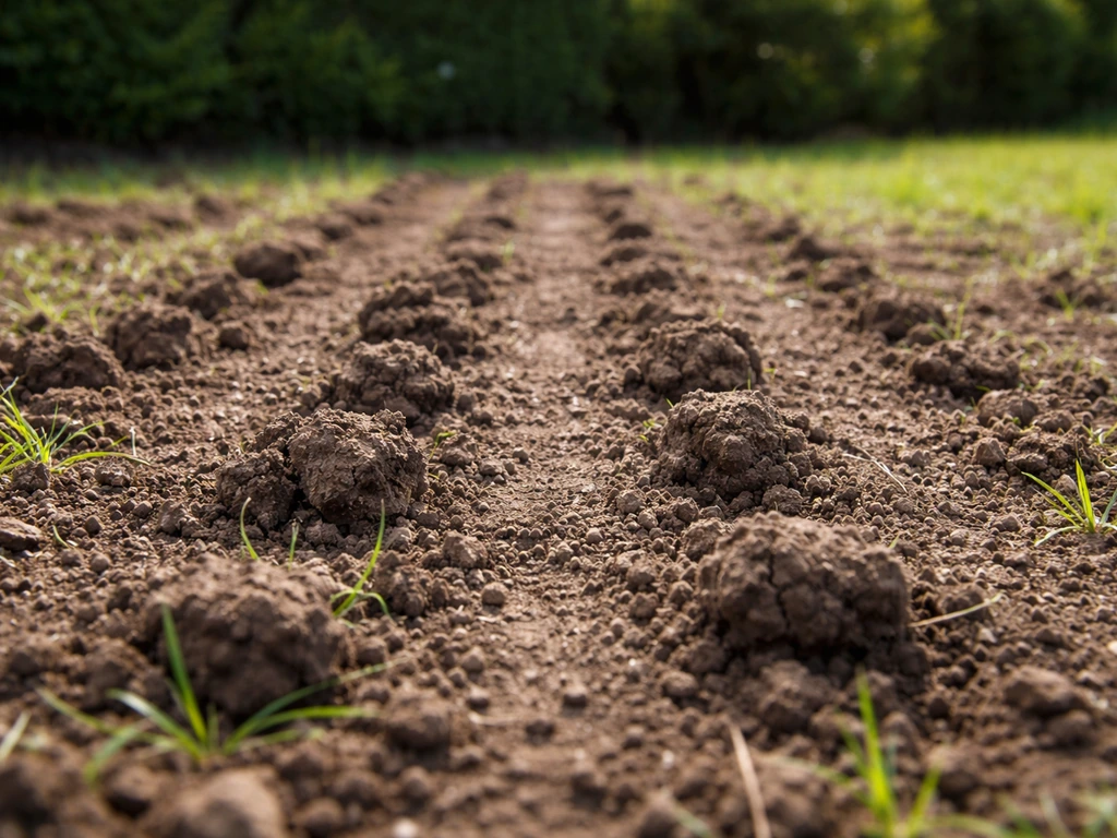 Sol de jardin décompacté avec mottes soulevées et herbe verdoyante sous ombre, texture humide visible.