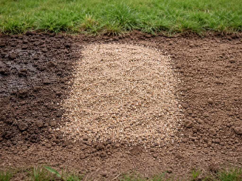 Sol de jardin avec deux zones côte à côte : eau stagnante à gauche, sable de rivière épandu à droite après aération.