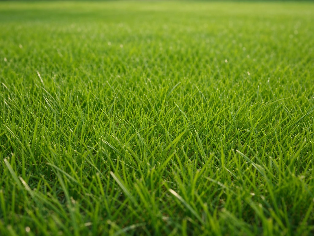 Pelouse verte dense et homogène, vue rapprochée avec quelques brins d’herbe nettement verts, sans zones jaunes.
