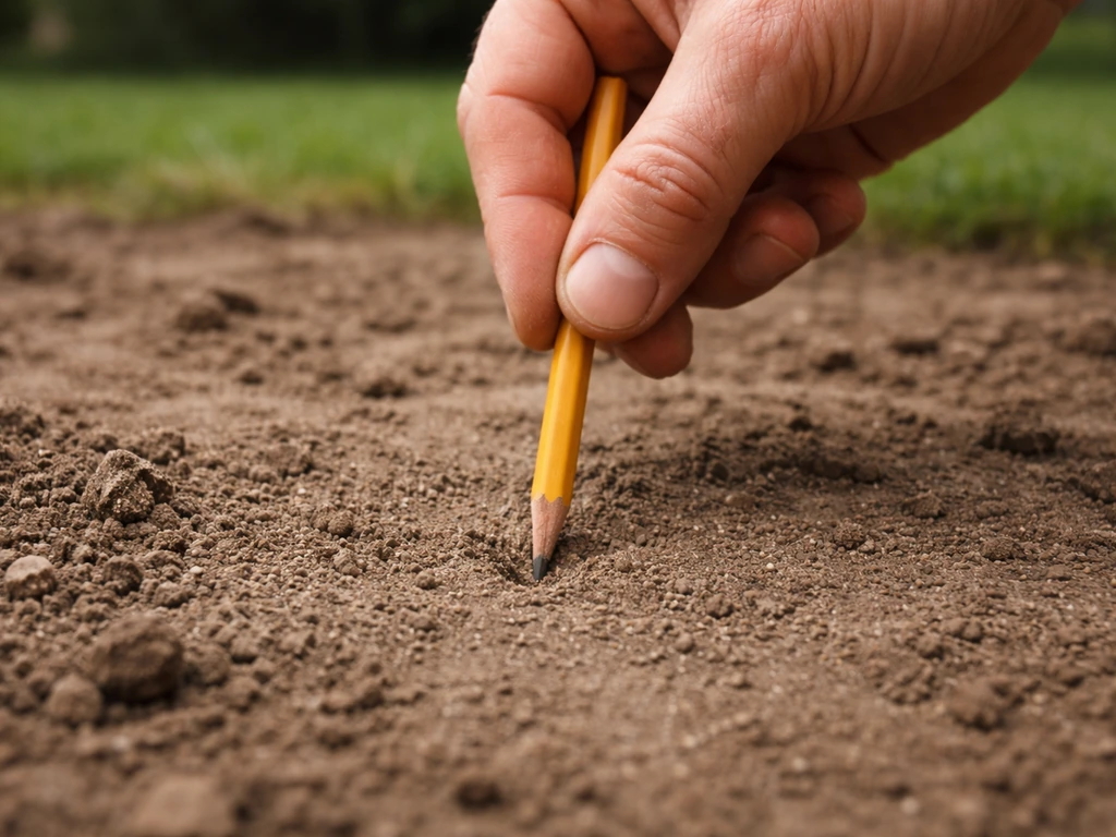 Main enfonçant un crayon dans le sol, montrant une terre compacte près d’une pelouse