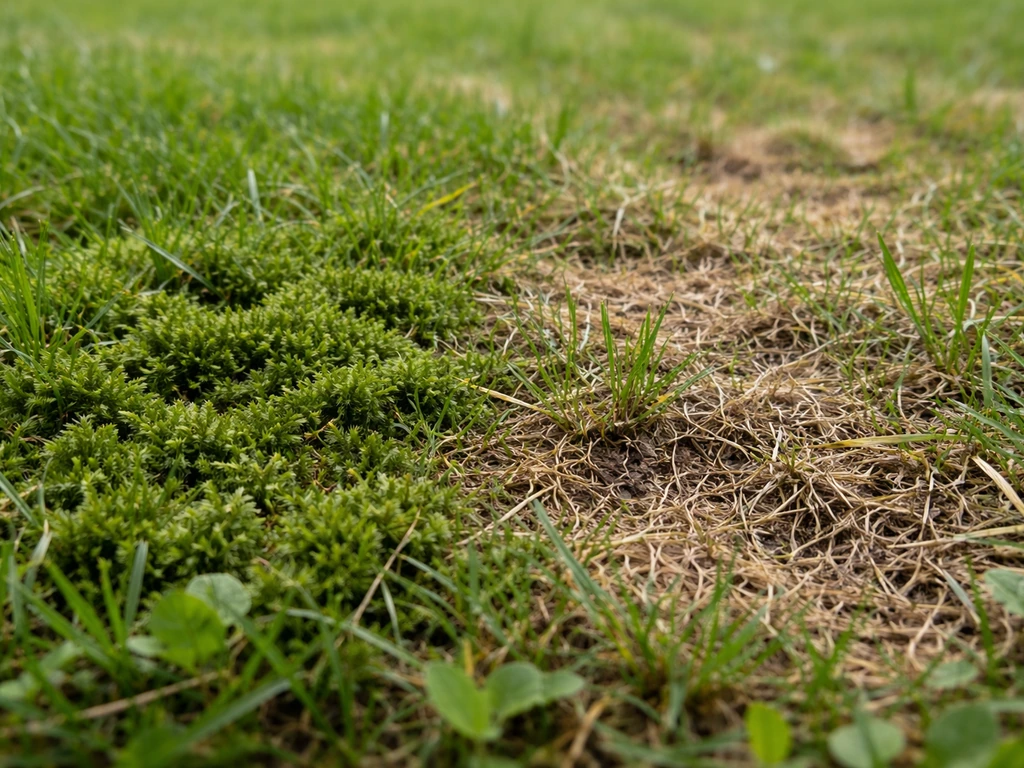 Gros plan sur mousse verte et feutrage (chaume) entre les brins d’herbe d’un gazon.