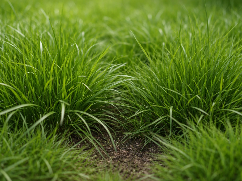 Plan rapproché de brins de ray-grass et fétuques, texture de gazon “anglais” en lumière naturelle.