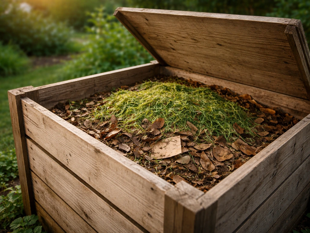 Composteur de jardin ouvert montrant des tontes de gazon vertes mêlées à des matières brunes.