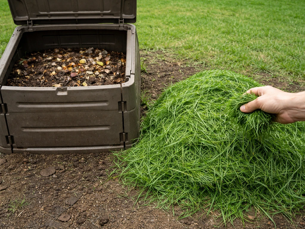 Tas d’herbe fraîche après tonte, proche d’un composteur ouvert dans un jardin, thème “gazon et compost”