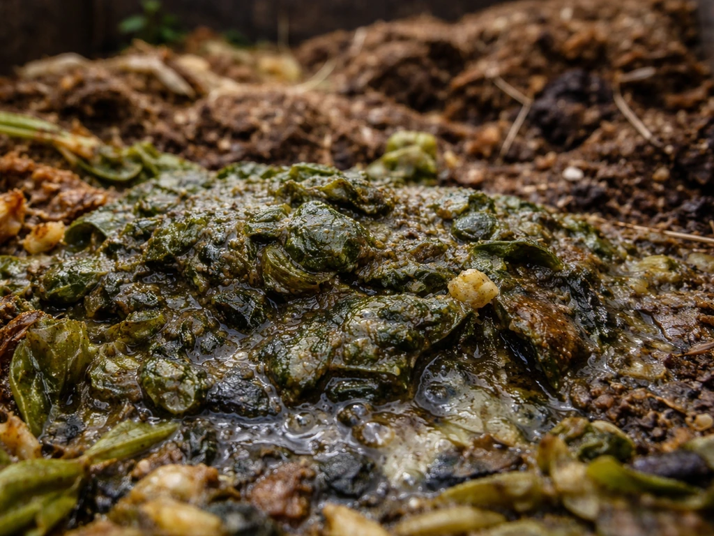 Gros plan d’une zone humide et compacte de compost avec bulles, contrastant avec des matières brunes sèches.