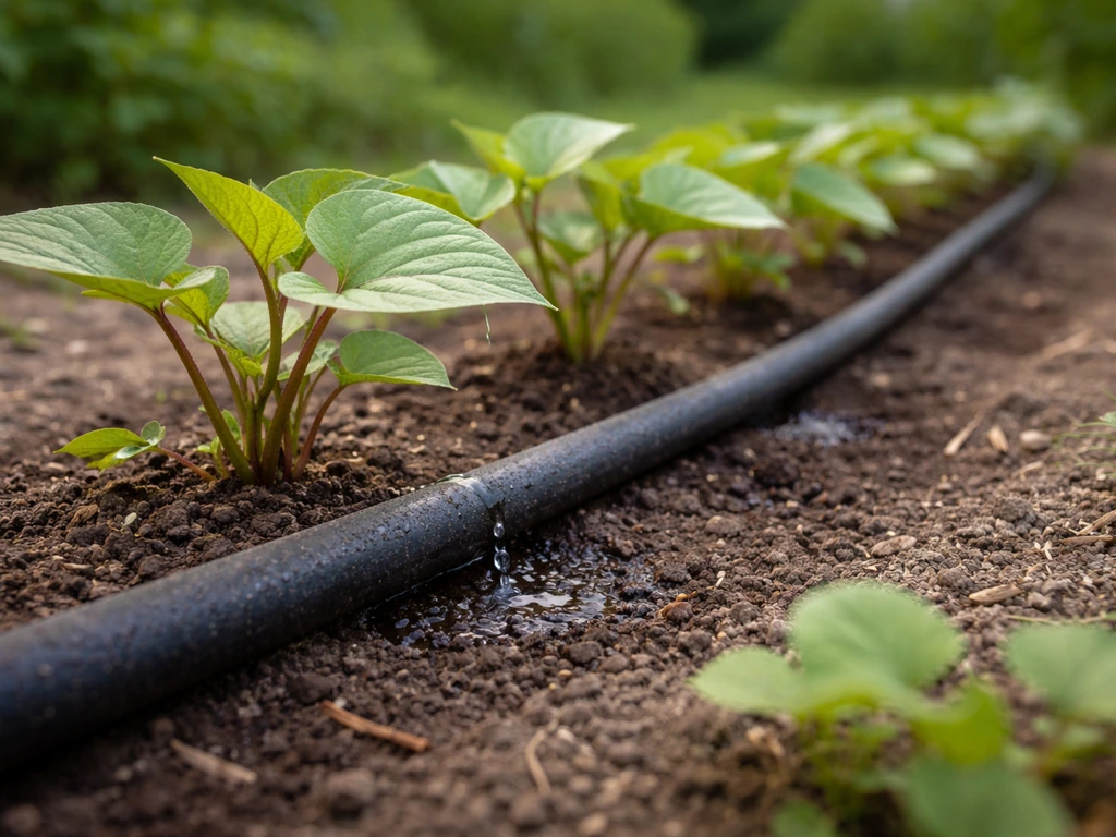 Goutte-à-goutte arrosant des jeunes plants de patate douce, terre légèrement humide sans être détrempée.