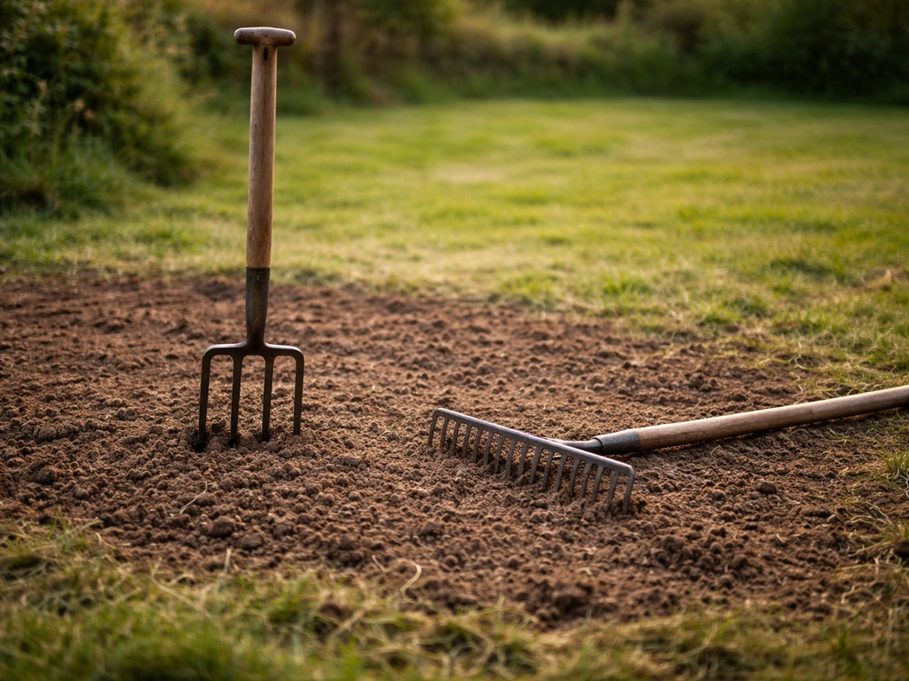 Fourche-bêche dans une zone de pelouse ouverte, sol décompacté après la culture, vue de jardin minimaliste.