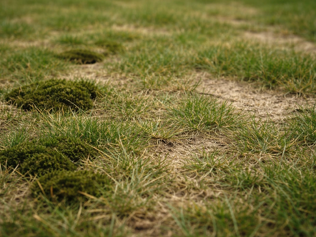 Gros plan d’une pelouse avec mousse, herbe pâle et zones irrégulières au sol.