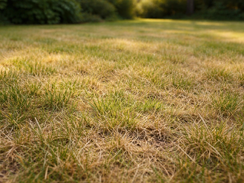 Pelouse jaunissante avec brins chlorosés, zones clairsemées et brunes près du sol.