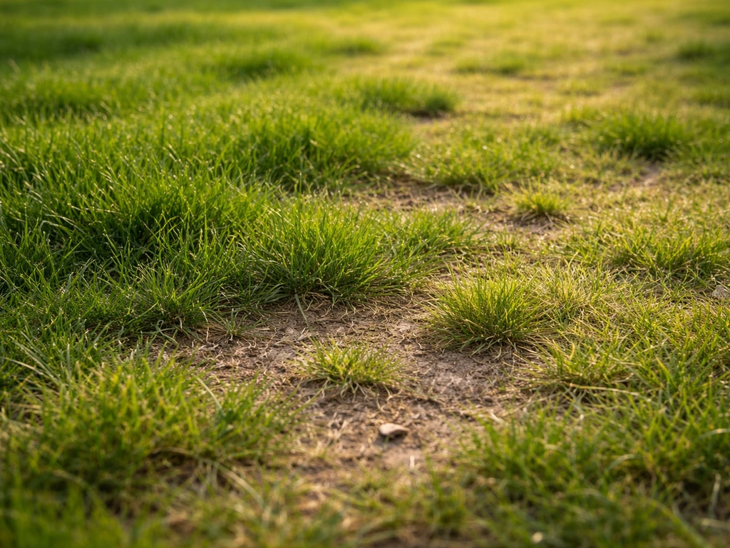 Pelouse avec repousse irrégulière : patchs d’herbe denses versus zones clairsemées, éclairage et humidité différents.