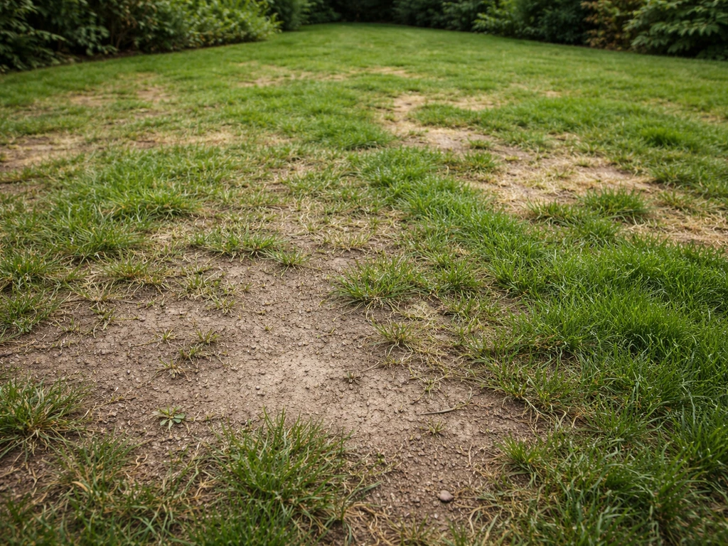 Pelouse avec zones nues, clairsemées et abîmées, illustrant la rénovation plutôt qu’un semis complet