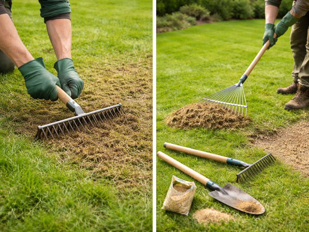 Mains anonymes scarifiant et ratissant une pelouse, puis semis et recouvrement léger, jardin en plein air.