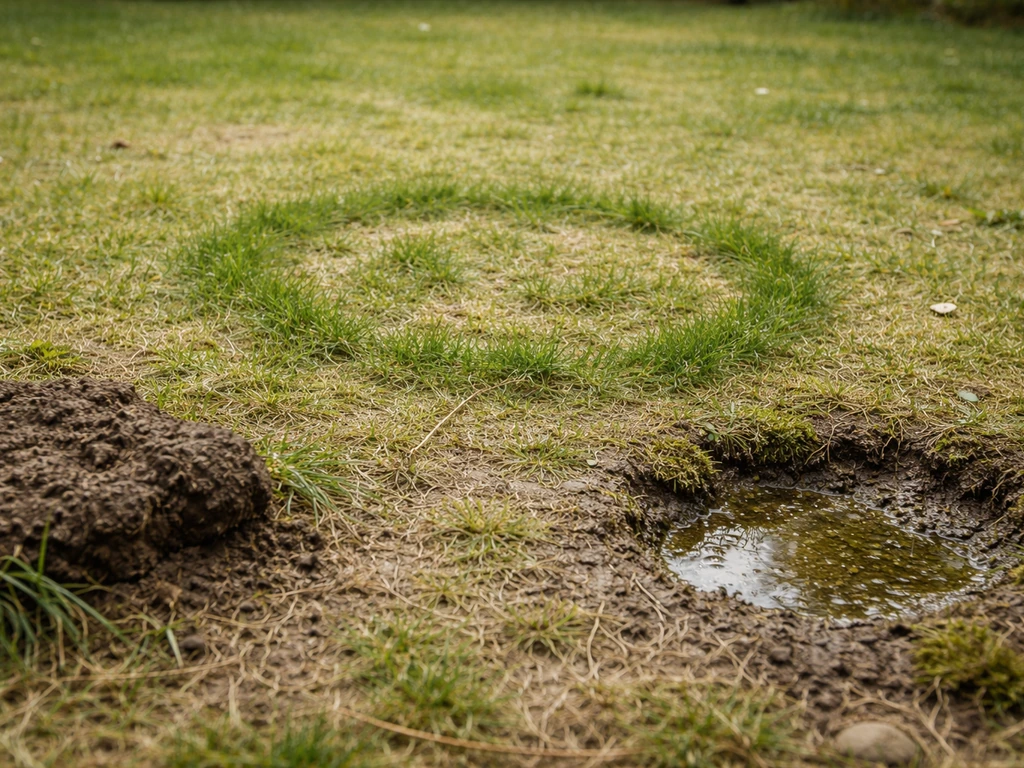 Pelouse abîmée : sol compacté, eau stagnante et ronds type champignons autour d’une zone clairsemée.