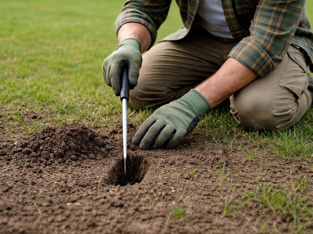 Sonde de jardin dans le sol : surface humide et terre sèche en profondeur sur une jeune pelouse.