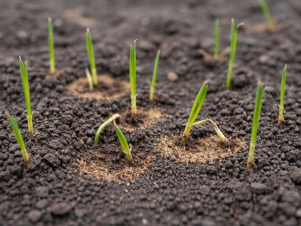 Plantules de gazon effondrées et assombries au niveau du collet, avec taches circulaires de mortalité sur sol humide.