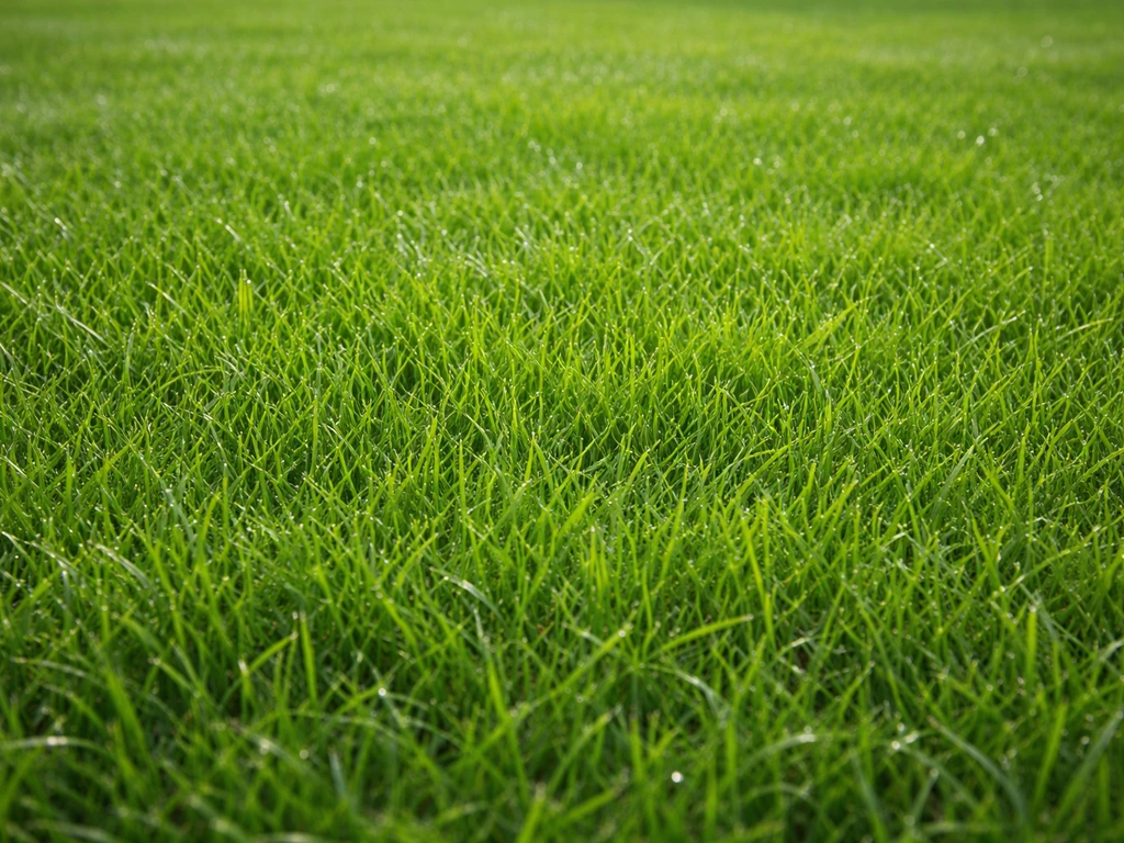 Gazon dense et vert homogène, vu de près, sans zones jaunes, brunes ni grisâtres.