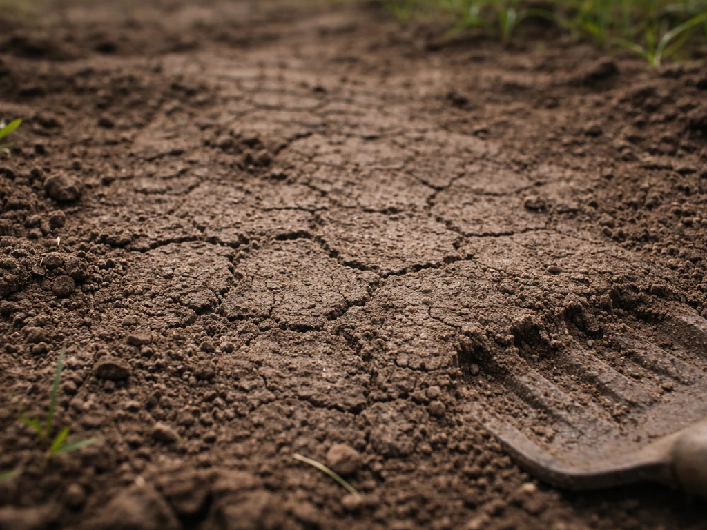 Gros plan sur un sol de jardin compact, sec et difficile à pénétrer, avec une légère croûte à la surface.