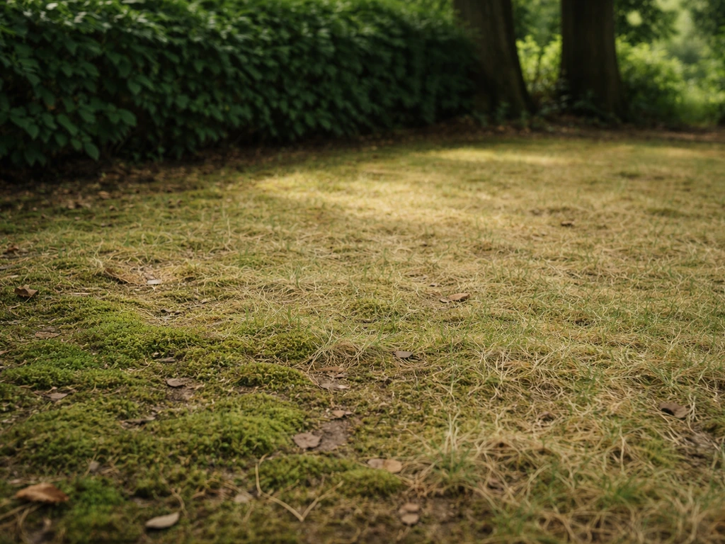 Pelouse clairsemée et mousse verte sous une haie et des arbres, en zone ombragée toute la journée.