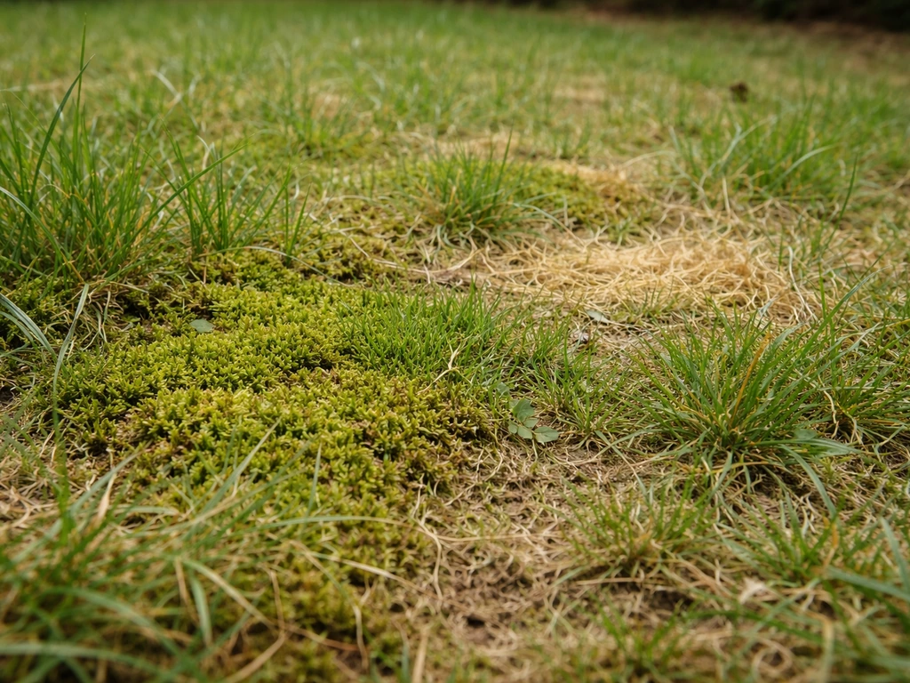 Pelouse clairsemée avec mousse épaisse et zones jaunies, vue au ras du sol, lumière naturelle.