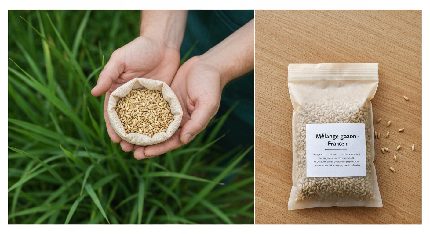 Gros plan de graines de gazon mélangées dans une main, sachet ouvert avec étiquette en français et pelouse floutée en arrière‑plan.