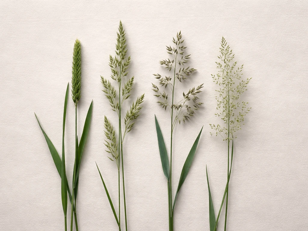 Mélange de graminées de pelouse (ray-grass, fétuque, pâturin, agrostide) sur un fond neutre