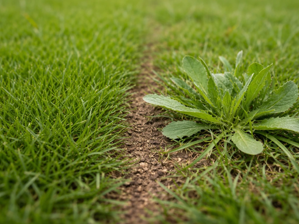 Comparaison au ras du sol : brins de gazon et mauvaises herbes dans une pelouse, vue côte à côte.
