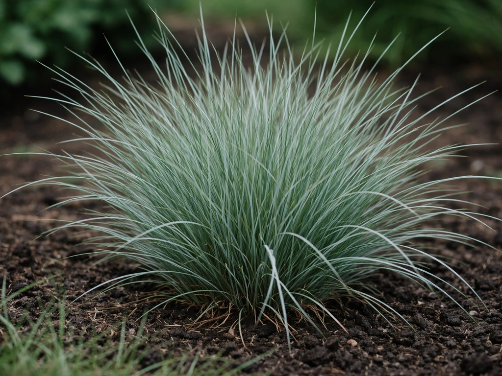 Gros plan d’une touffe de fétuque aux feuilles fines vert glauque, texture bien visible au jardin.