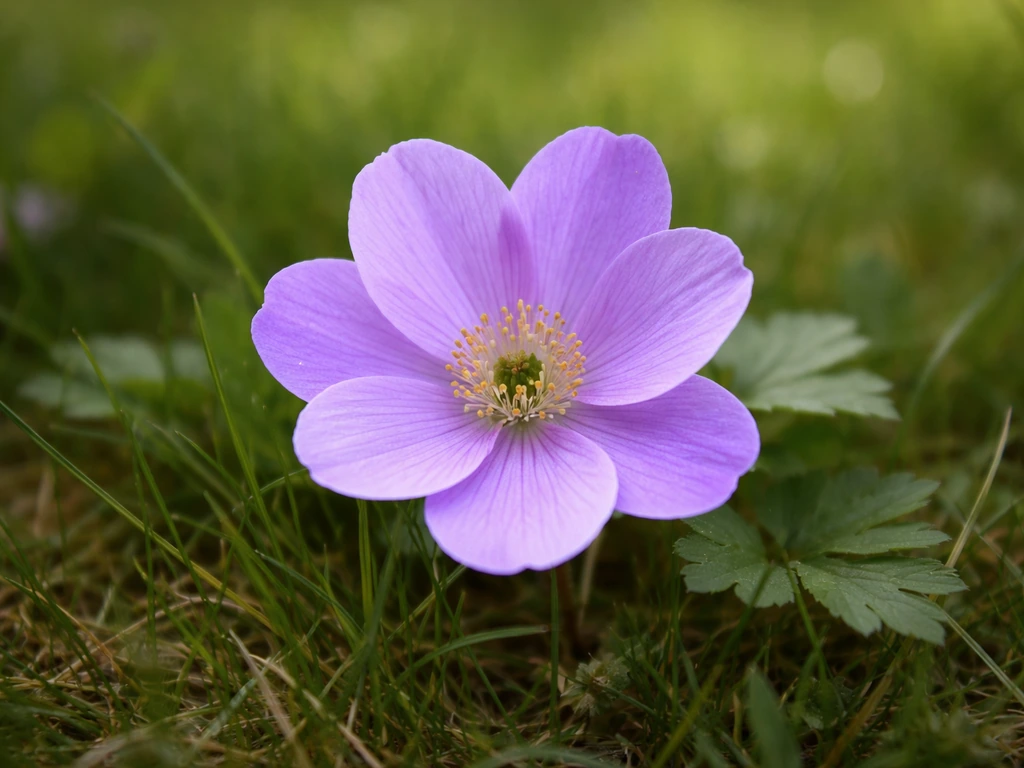 Gros plan d’une fleur mauve violette dans une pelouse, pétales et feuilles visibles pour l’identification